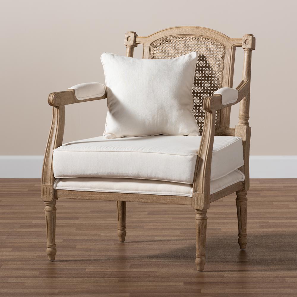 Clemence French Provincial Ivory Fabric Upholstered Whitewashed Wood Armchair. Picture 19