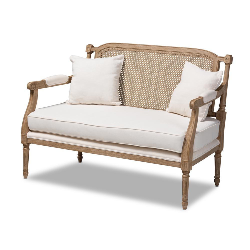 Clemence French Provincial Ivory Fabric Upholstered Whitewashed Wood Loveseat. Picture 11