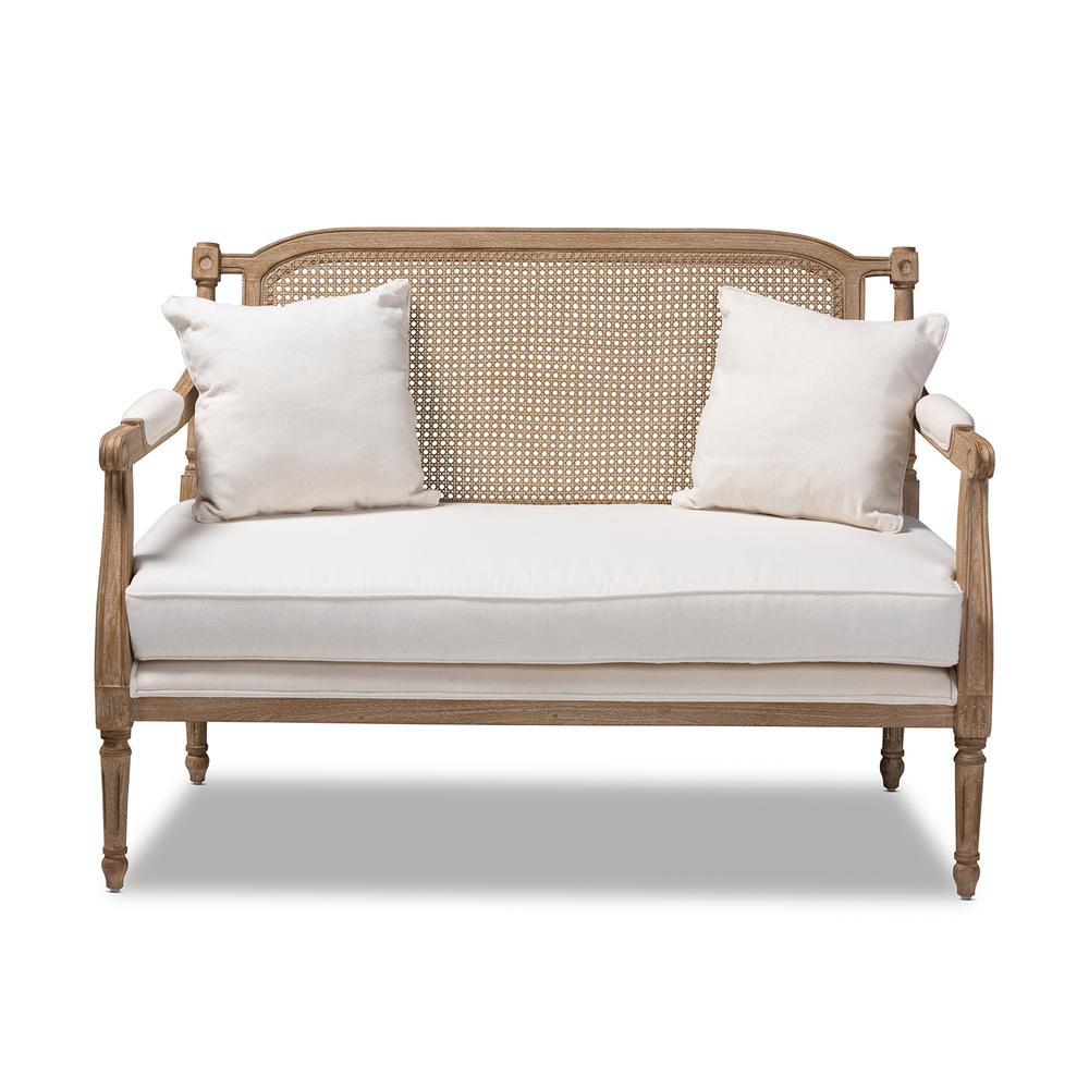 Clemence French Provincial Ivory Fabric Upholstered Whitewashed Wood Loveseat. Picture 12