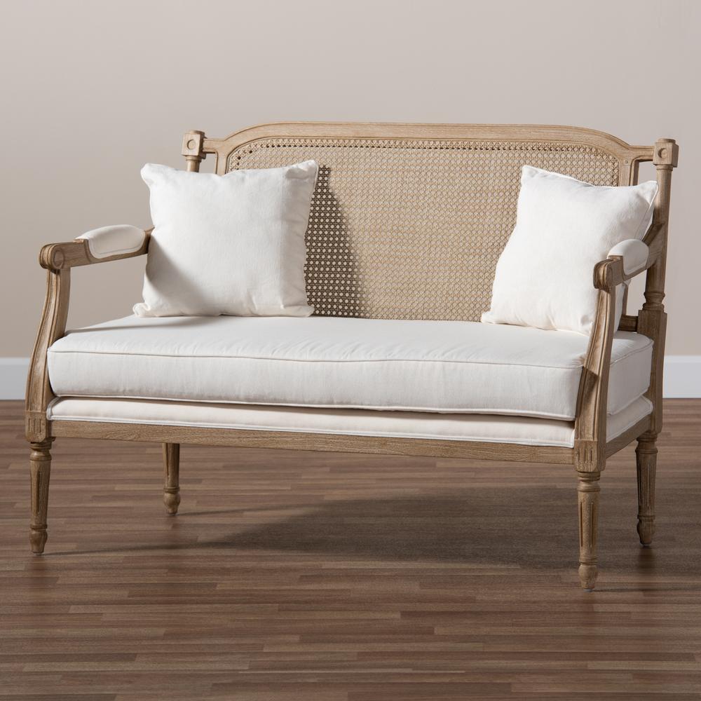 Clemence French Provincial Ivory Fabric Upholstered Whitewashed Wood Loveseat. Picture 19