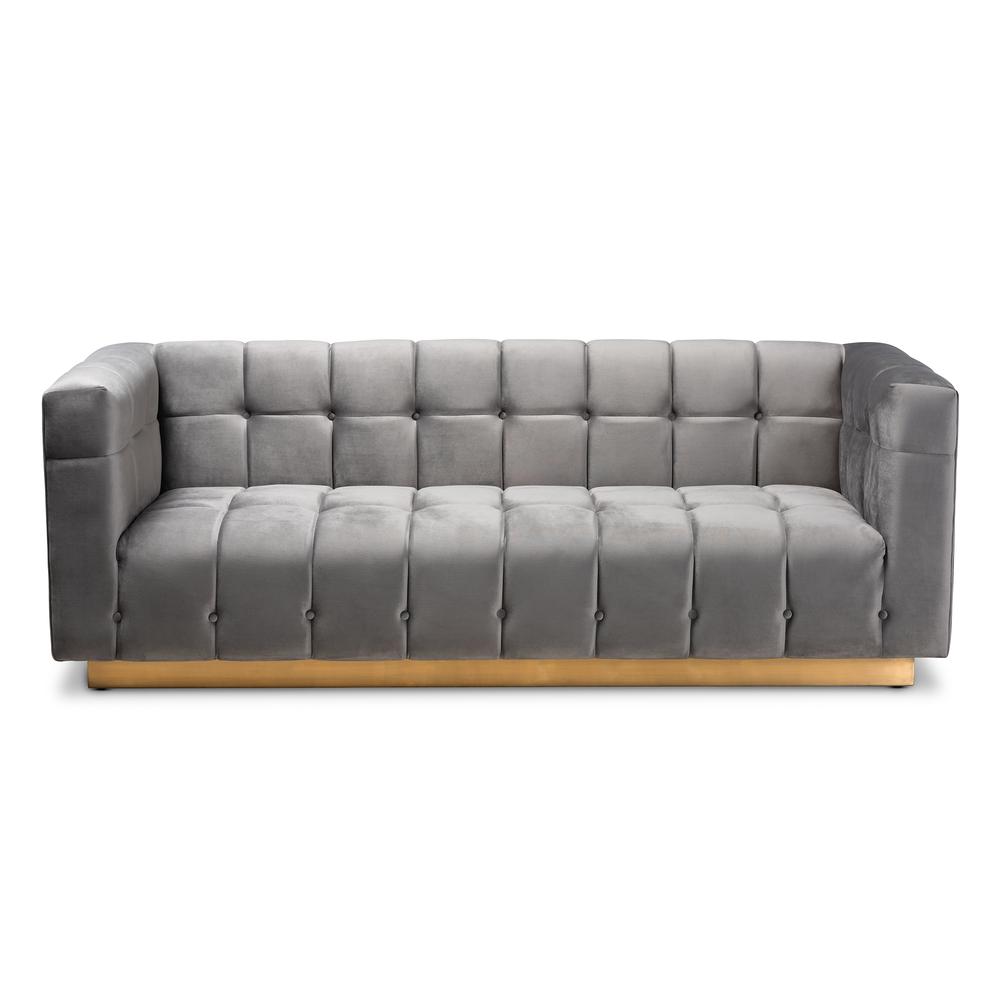 Loreto Glam and Luxe Grey Velvet Fabric Upholstered Brushed Gold Finished Sofa. Picture 11