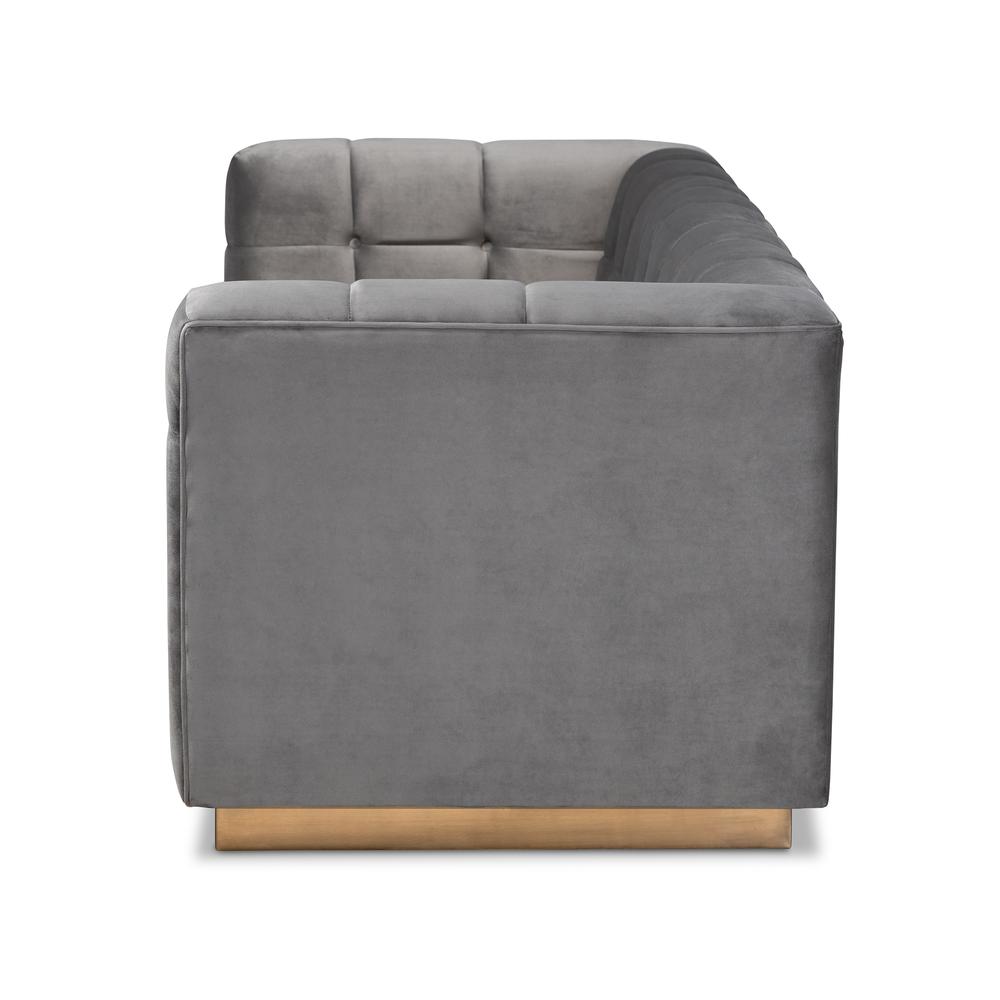 Loreto Glam and Luxe Grey Velvet Fabric Upholstered Brushed Gold Finished Sofa. Picture 12