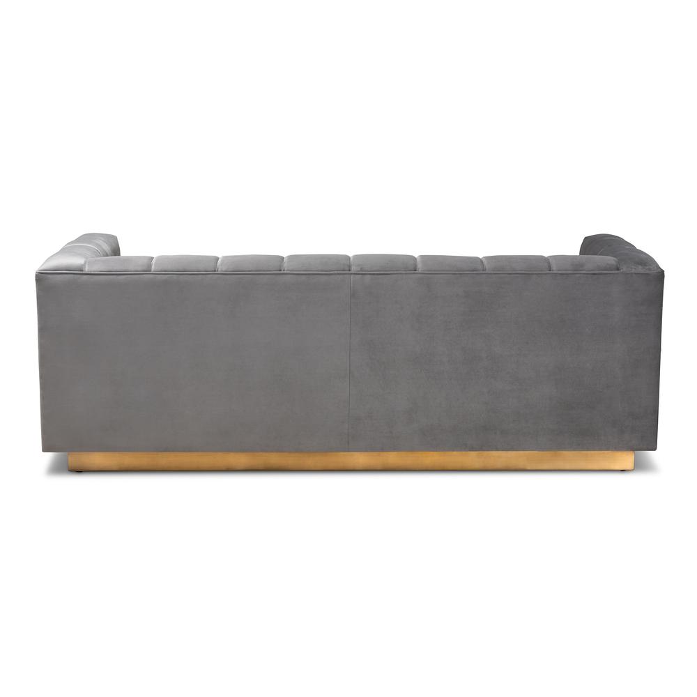 Loreto Glam and Luxe Grey Velvet Fabric Upholstered Brushed Gold Finished Sofa. Picture 13