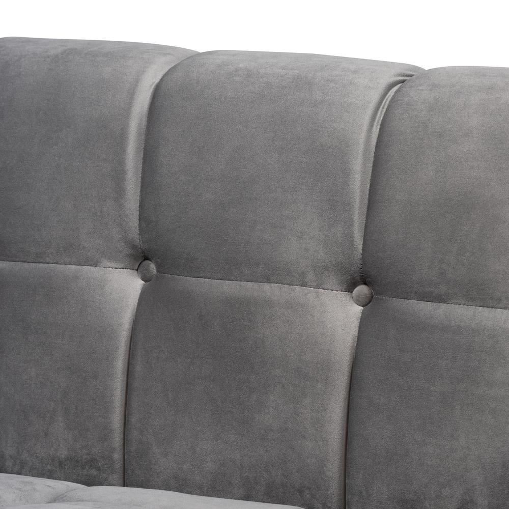 Loreto Glam and Luxe Grey Velvet Fabric Upholstered Brushed Gold Finished Sofa. Picture 14