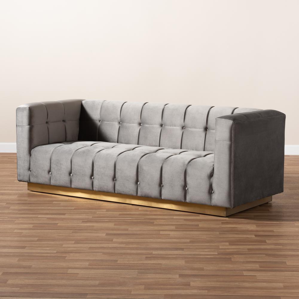 Loreto Glam and Luxe Grey Velvet Fabric Upholstered Brushed Gold Finished Sofa. Picture 10