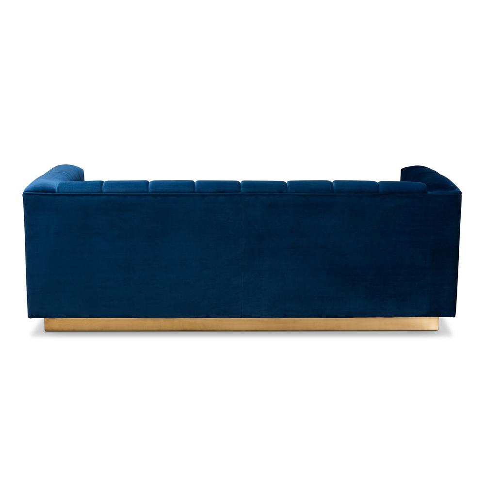 Luxe Navy Blue Velvet Fabric Upholstered Brushed Gold Finished Sofa. Picture 13