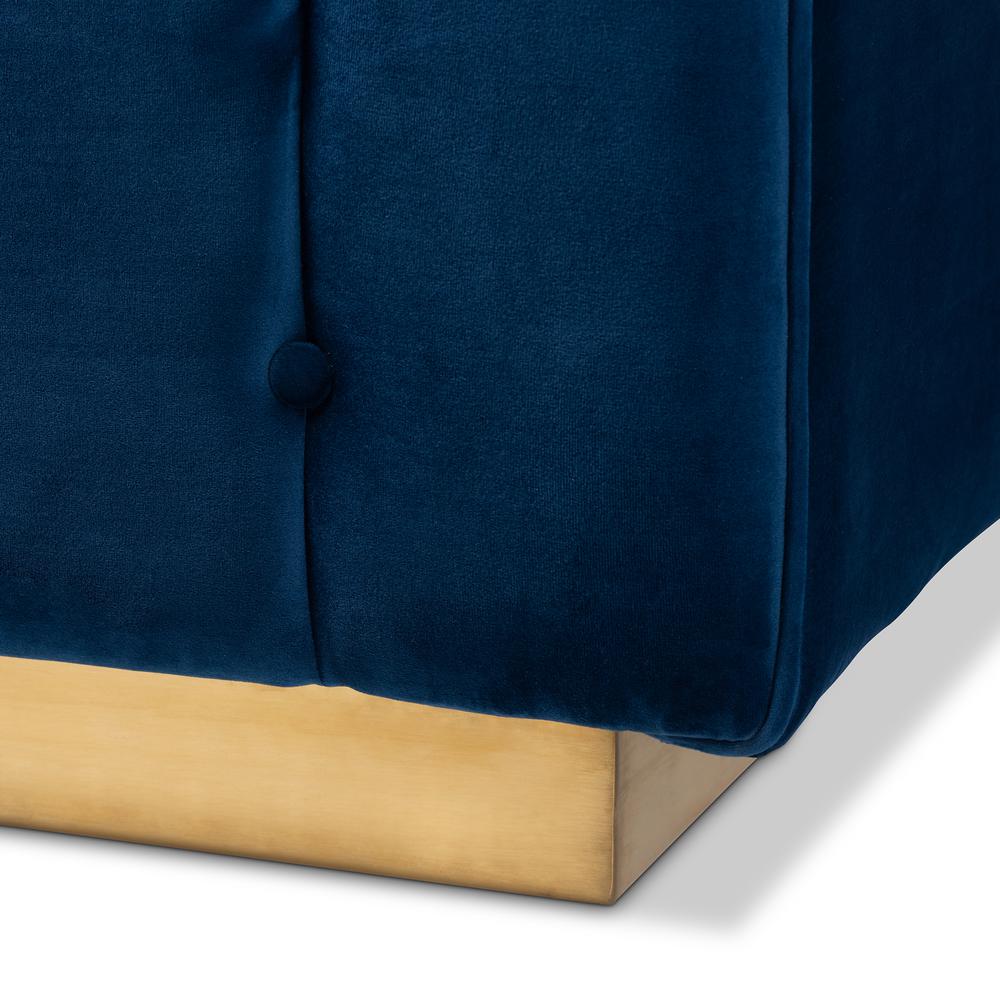 Luxe Navy Blue Velvet Fabric Upholstered Brushed Gold Finished Sofa. Picture 15