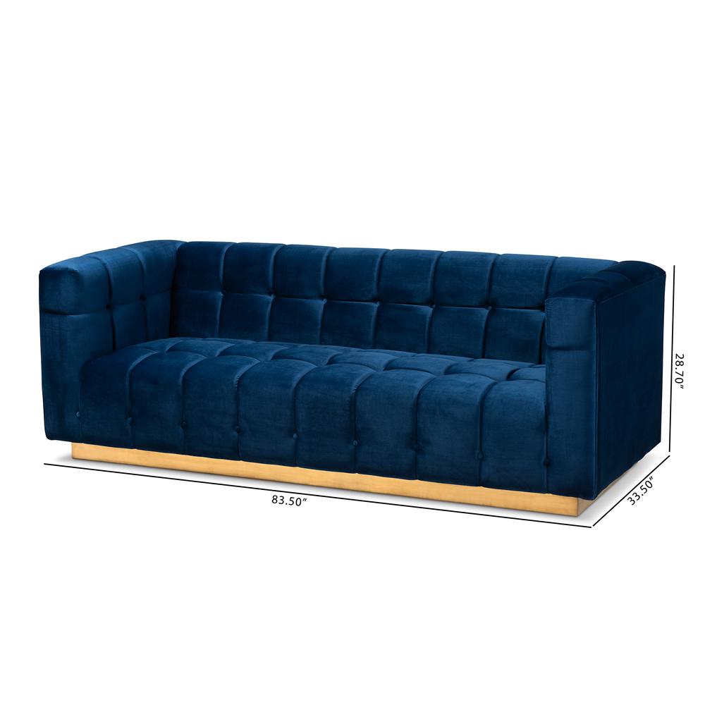 Luxe Navy Blue Velvet Fabric Upholstered Brushed Gold Finished Sofa. Picture 18
