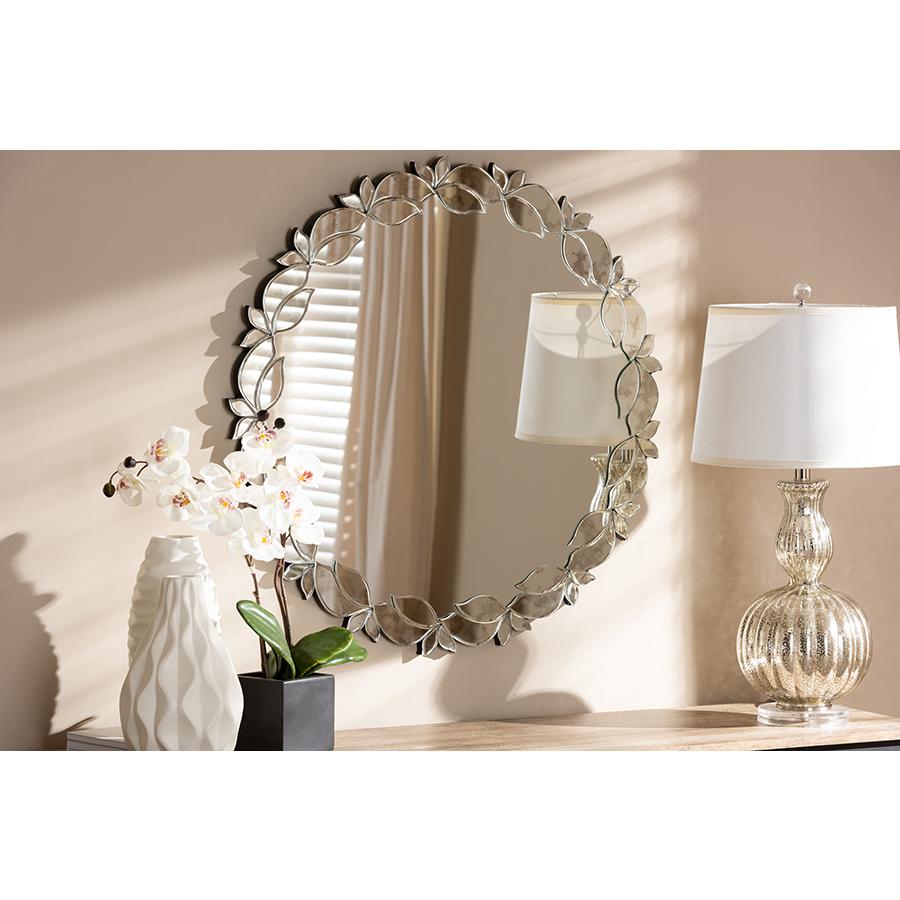 Luiza Modern and Contemporary Silver Finished Round Petal Leaf Accent Wall Mirror. Picture 2