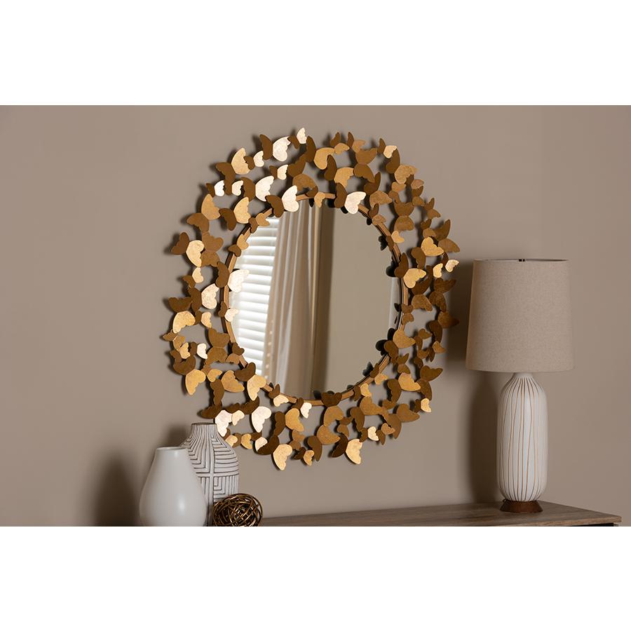 Soleil Modern and Contemporary Antique Gold Finished Butterfly Accent Wall Mirror. Picture 2