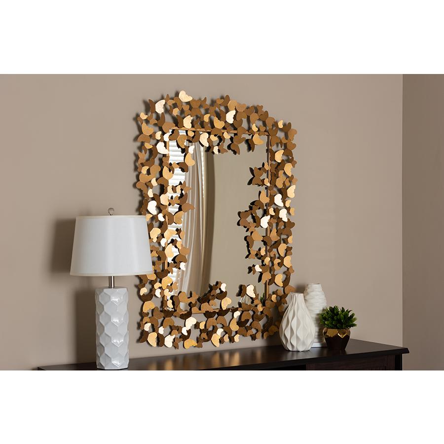 Idalia Modern and Contemporary Antique Gold Finished Butterfly Accent Wall Mirror. Picture 2