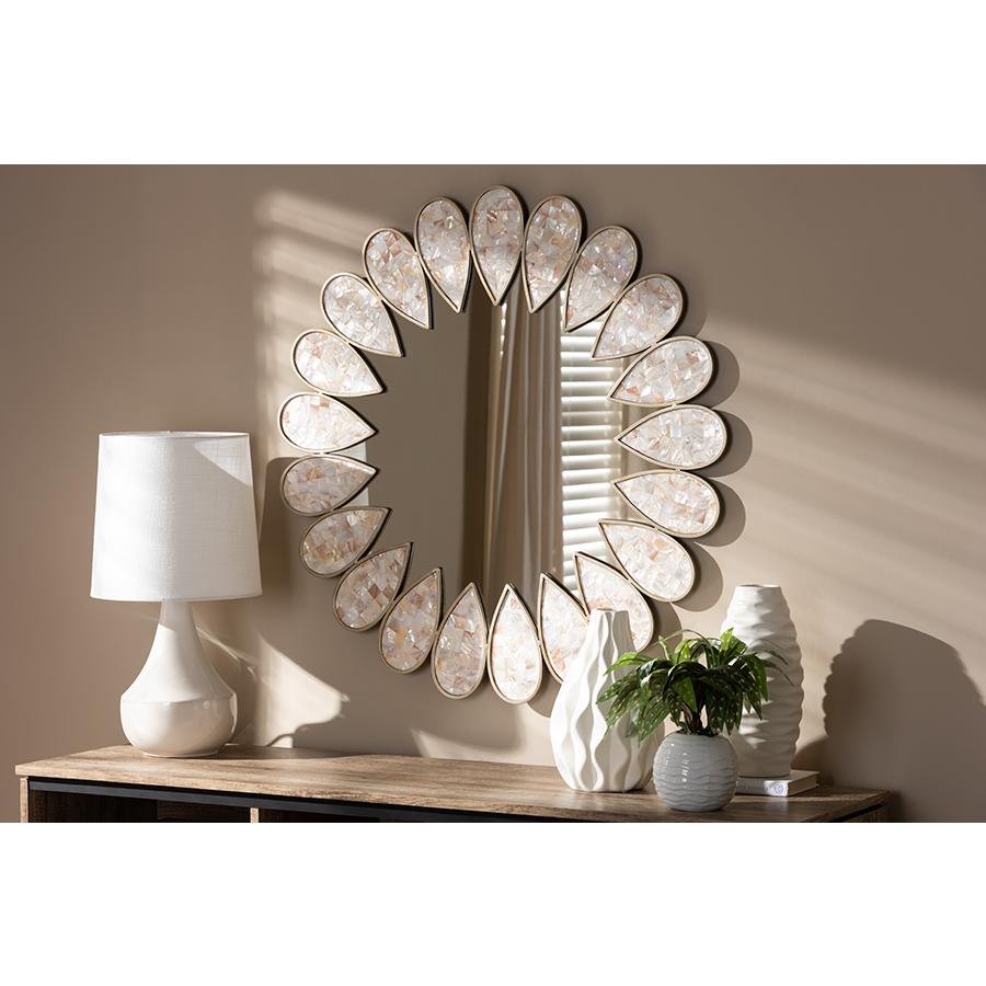 Savita Modern and Contemporary Antique Silver Finished Round Shell Petal Accent Wall Mirror. Picture 2