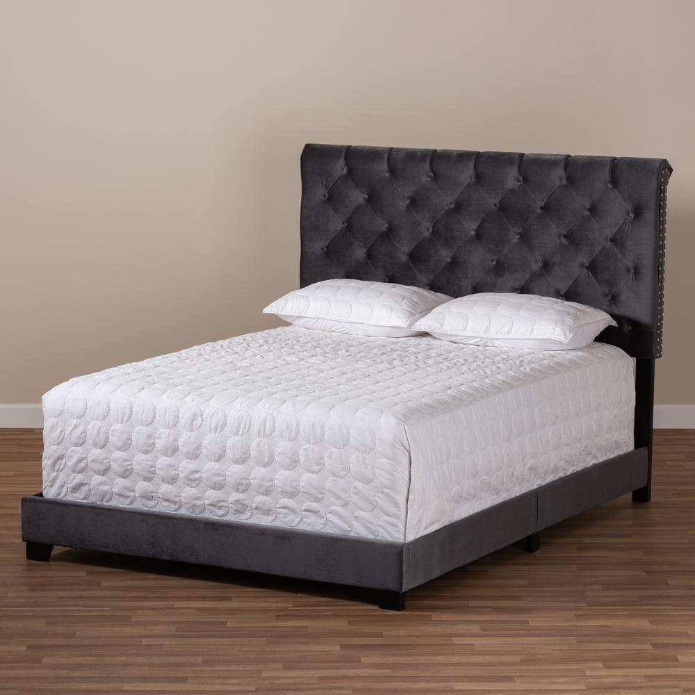 Candace Luxe and Glamour Dark Grey Velvet Upholstered Full Size Bed. Picture 17