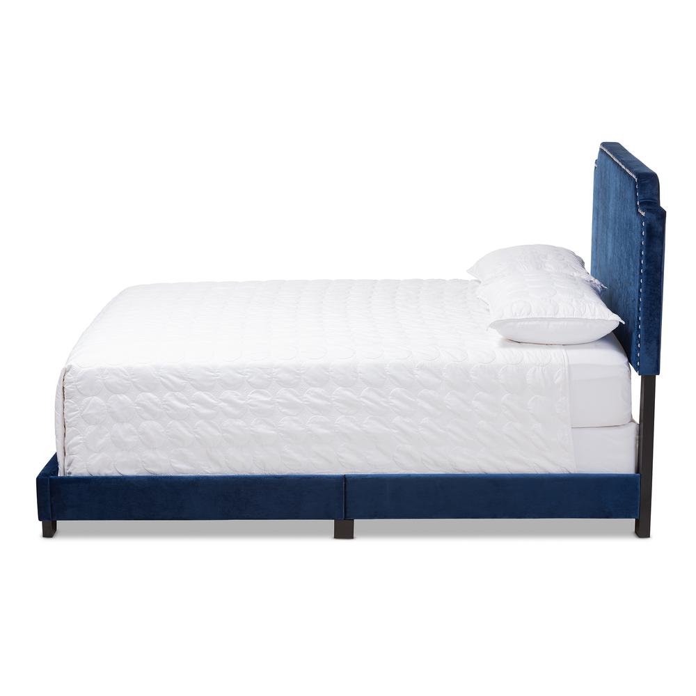 Darcy Luxe and Glamour Navy Velvet Upholstered Queen Size Bed. Picture 2