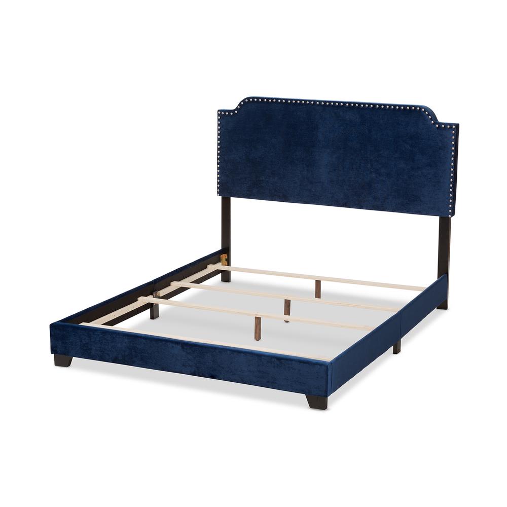 Darcy Luxe and Glamour Navy Velvet Upholstered Queen Size Bed. Picture 3