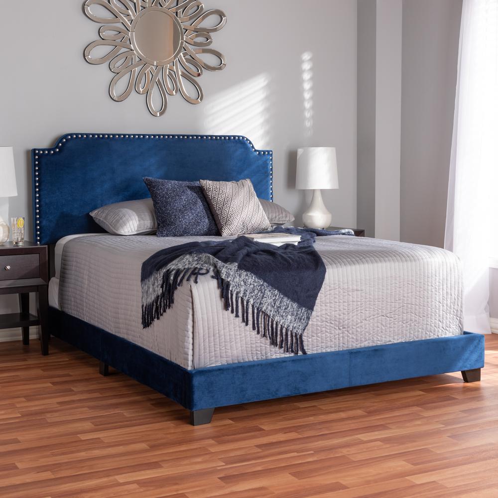 Darcy Luxe and Glamour Navy Velvet Upholstered Queen Size Bed. Picture 6