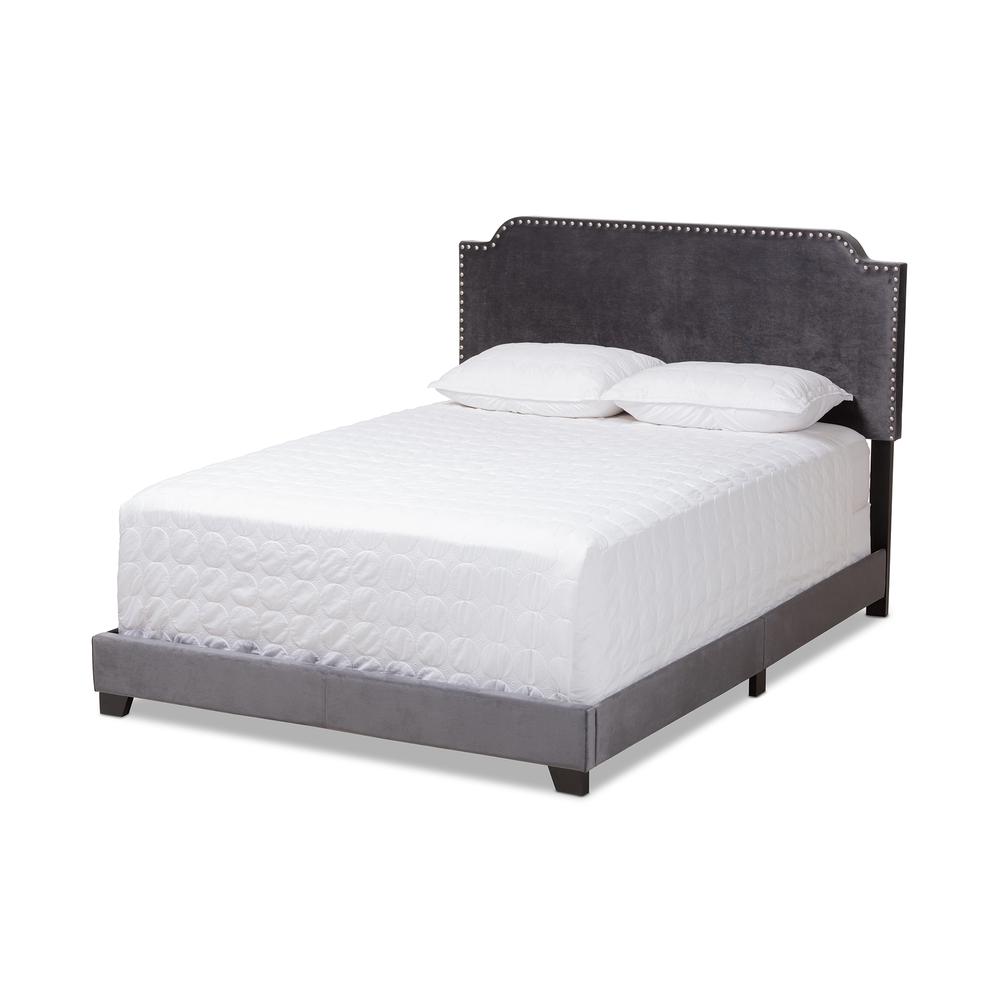 Darcy Luxe and Glamour Dark Grey Velvet Upholstered Queen Size Bed. Picture 1