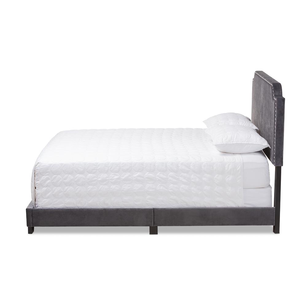 Darcy Luxe and Glamour Dark Grey Velvet Upholstered Queen Size Bed. Picture 2