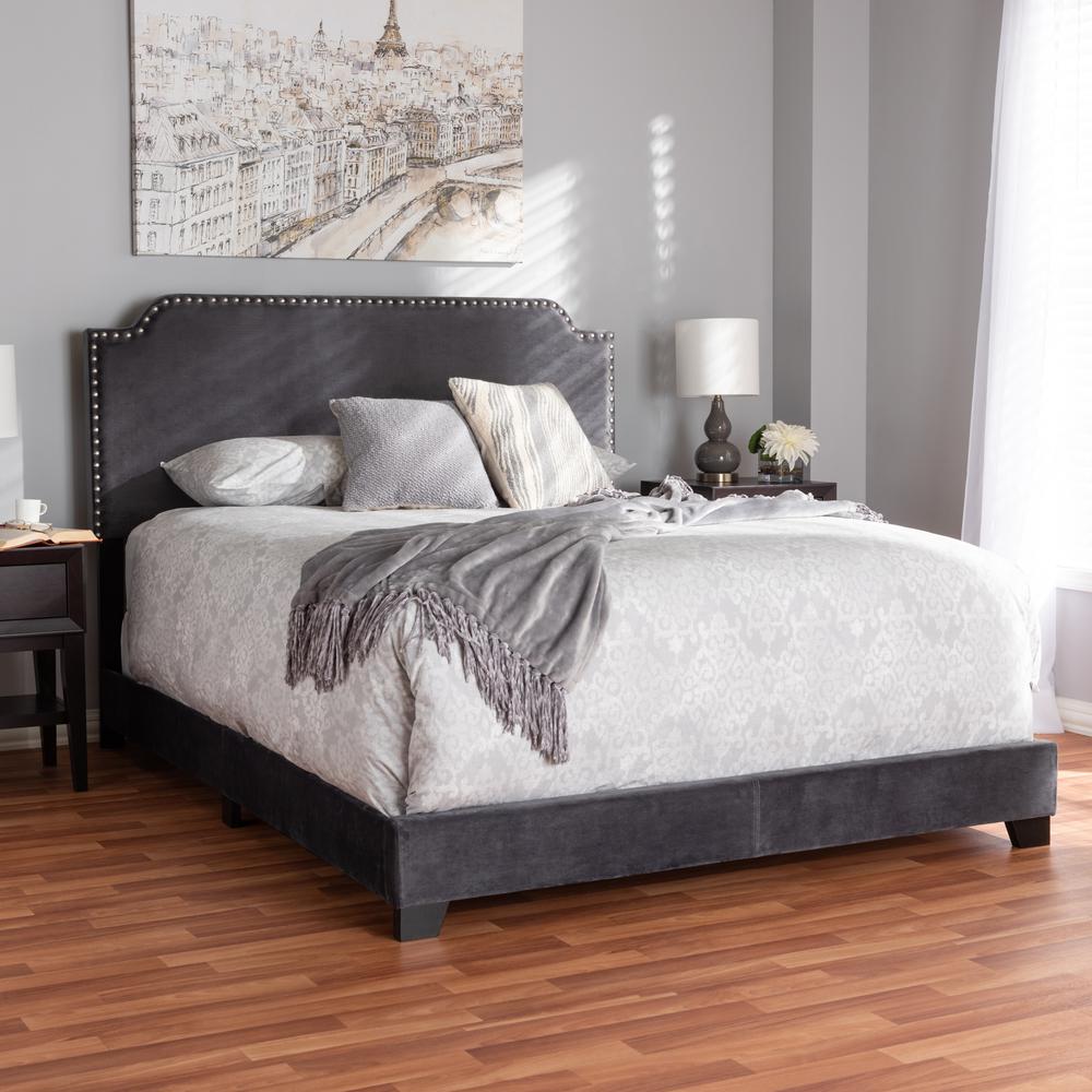 Darcy Luxe and Glamour Dark Grey Velvet Upholstered Queen Size Bed. Picture 6
