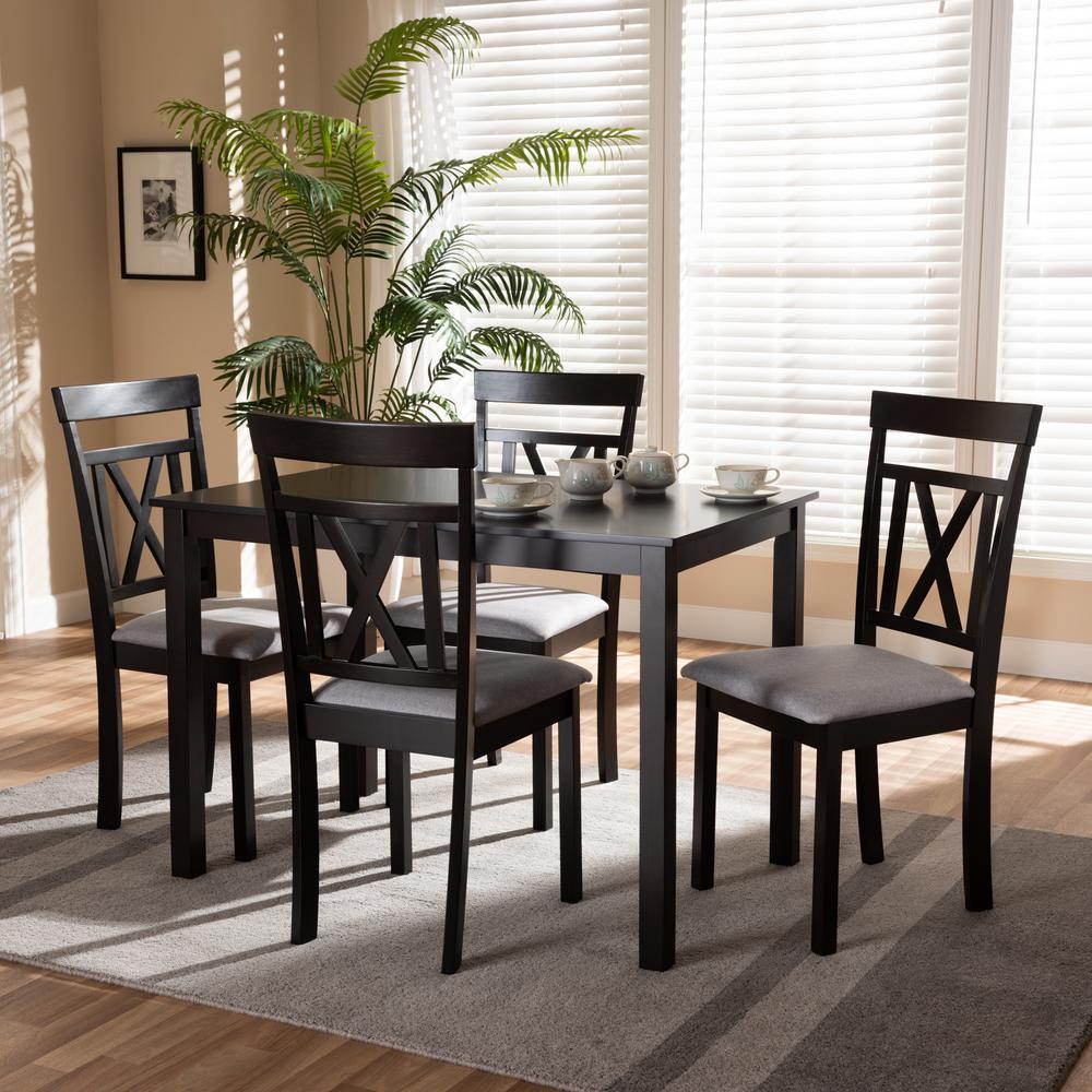 Espresso Brown Finished and Grey Fabric Upholstered 5-Piece Dining Set. Picture 6