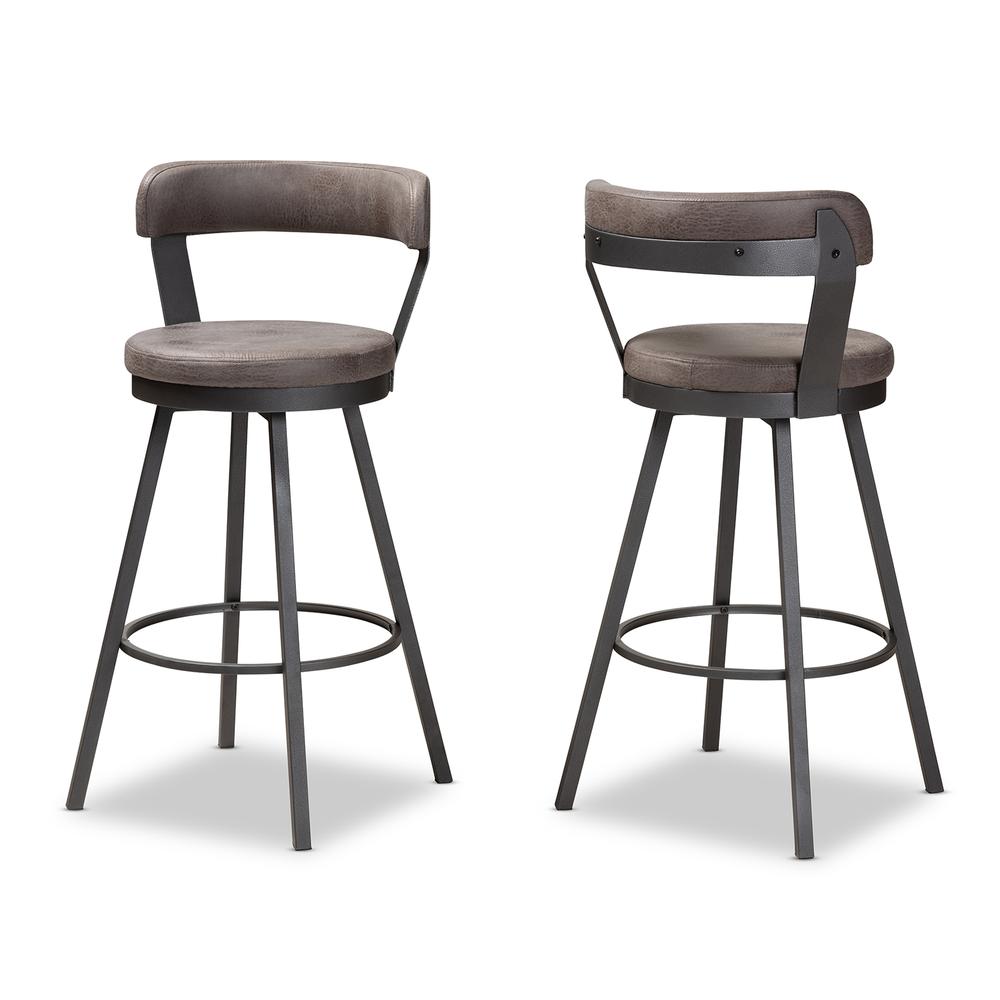 Arcene Rustic and Industrial Antique Grey Fabric 2-Piece Swivel Bar Stool Set. Picture 8