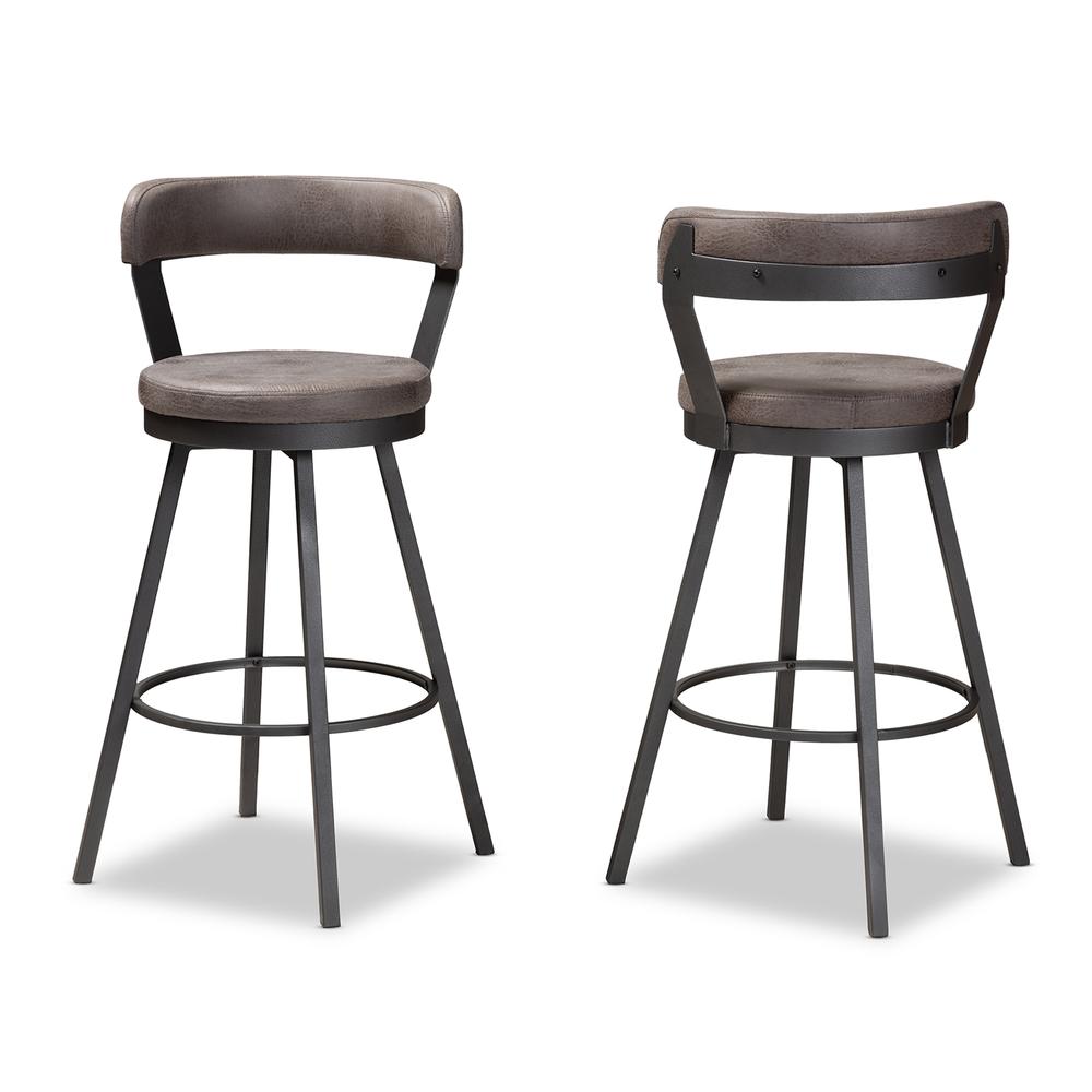 Arcene Rustic and Industrial Antique Grey Fabric 2-Piece Swivel Bar Stool Set. Picture 9