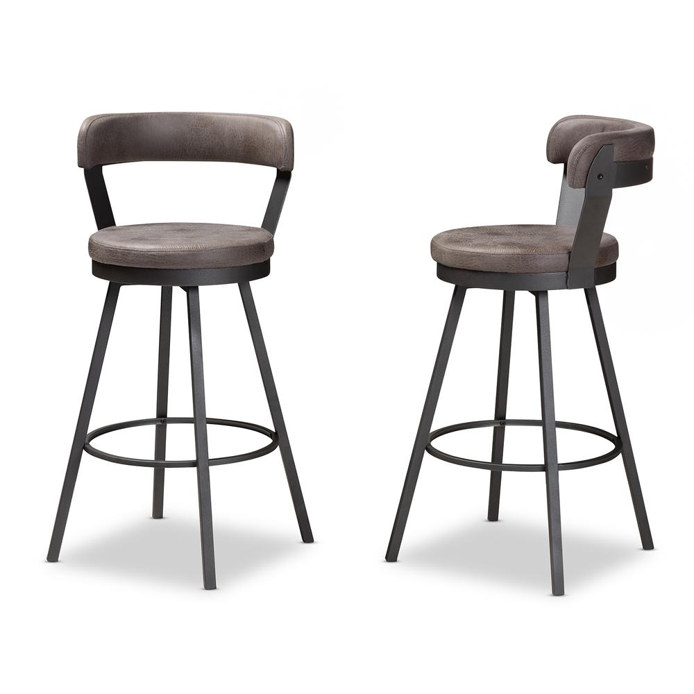 Arcene Rustic and Industrial Antique Grey Fabric 2-Piece Swivel Bar Stool Set. Picture 10