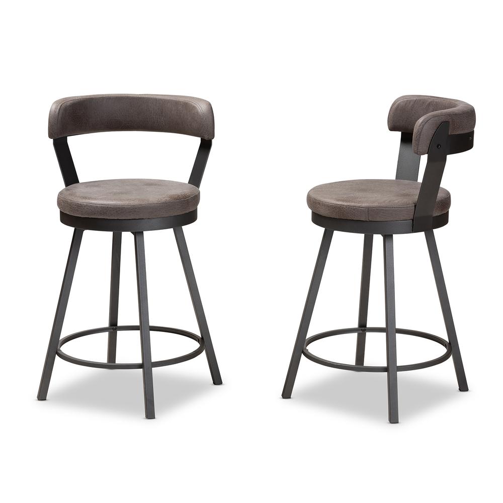 Arcene Rustic and Industrial Grey Fabric Upholstered 2-Piece Counter Stool Set. Picture 10