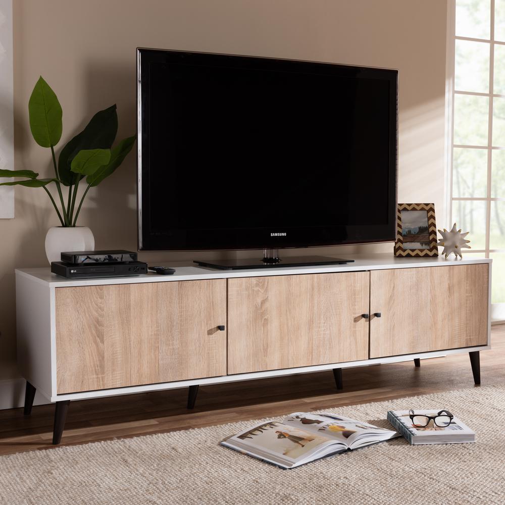 Bastien Mid-Century Modern White and Light Oak 6-Shelf TV Stand. Picture 8