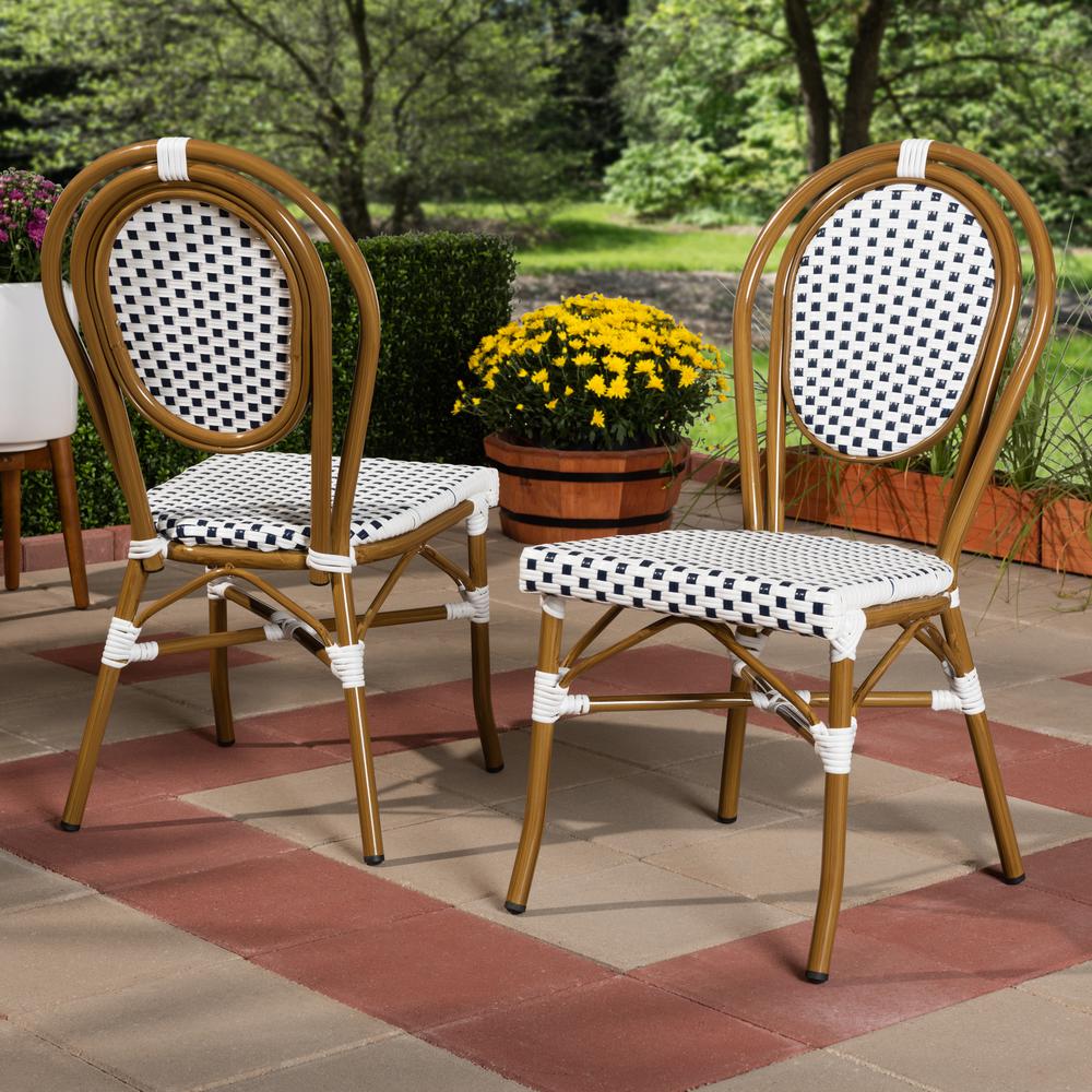 Gauthier Classic French Indoor and Outdoor Navy and White Bamboo Style Bistro Stackable Dining Chair Set of 2. Picture 6