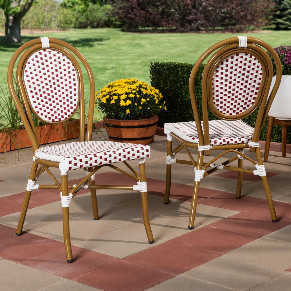 Gauthier Classic French Indoor and Outdoor Red and White Bamboo Style Stackable Bistro Dining Chair Set of 2. Picture 6