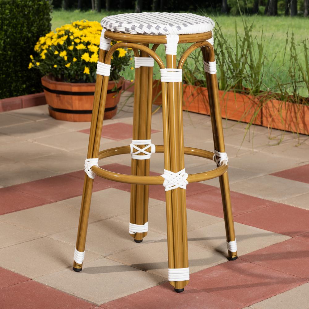 Joelle Classic French Indoor and Outdoor Grey and White Bamboo Style Stackable Bistro Bar Stool. Picture 5