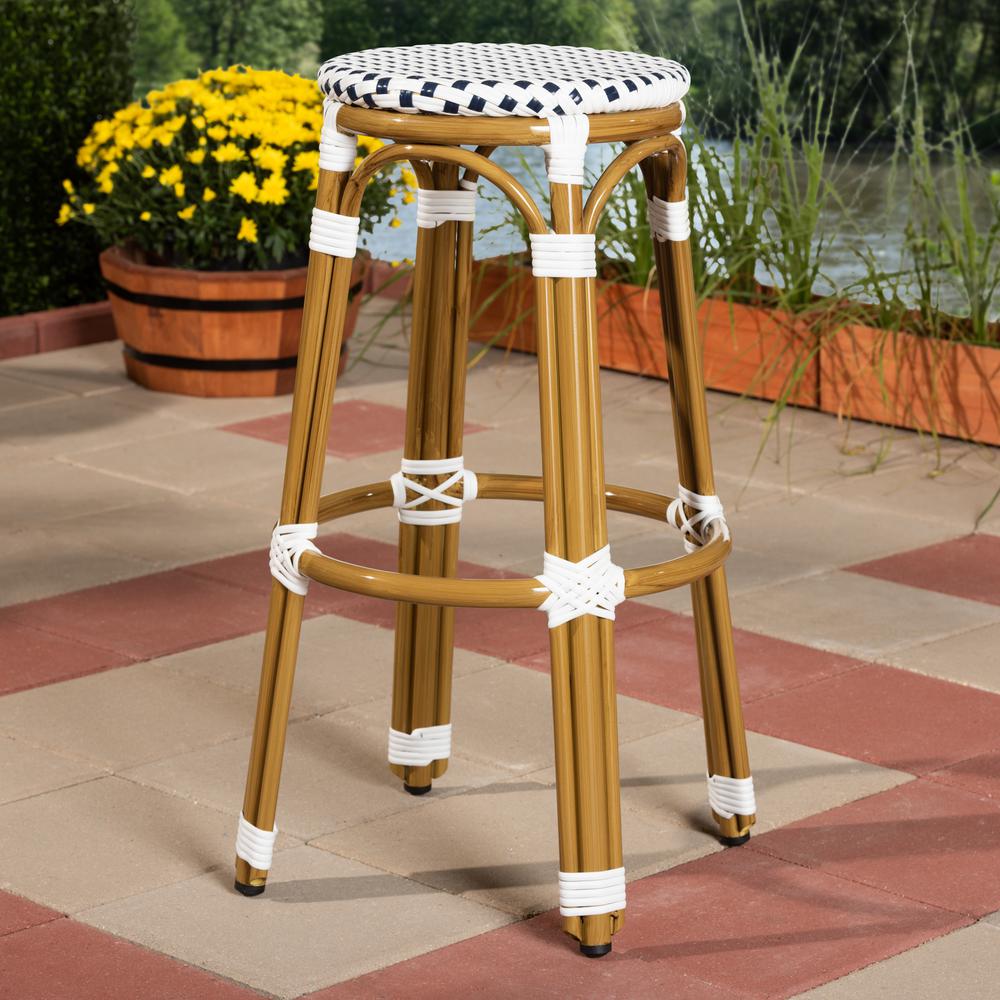 Joelle Classic French Indoor and Outdoor Navy and White Bamboo Style Stackable Bistro Bar Stool. Picture 5