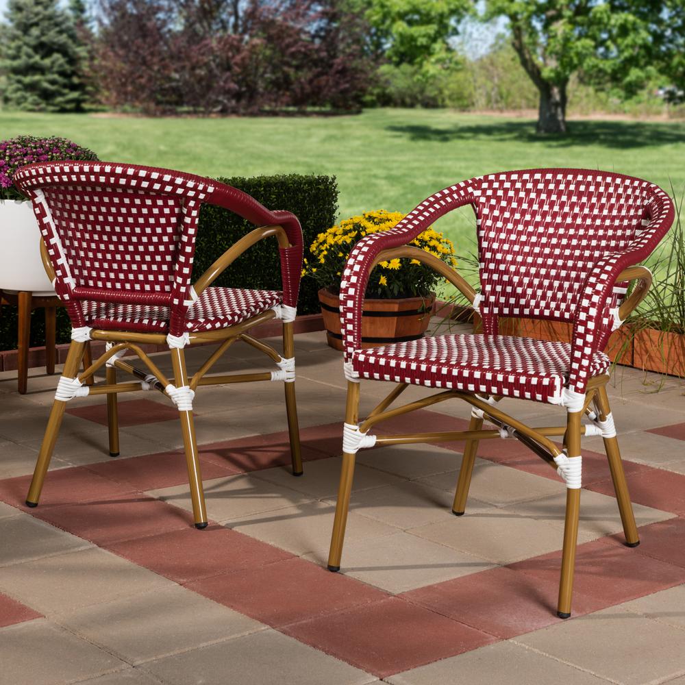 Eliane Classic French Indoor and Outdoor Red and White Bamboo Style Stackable Bistro Dining Chair Set of 2. Picture 6