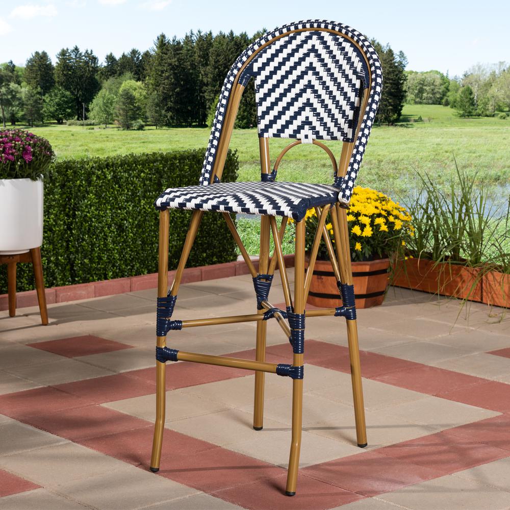 Ilene Classic French Indoor and Outdoor White and Blue Bamboo Style Stackable Bistro Bar Stool. Picture 7