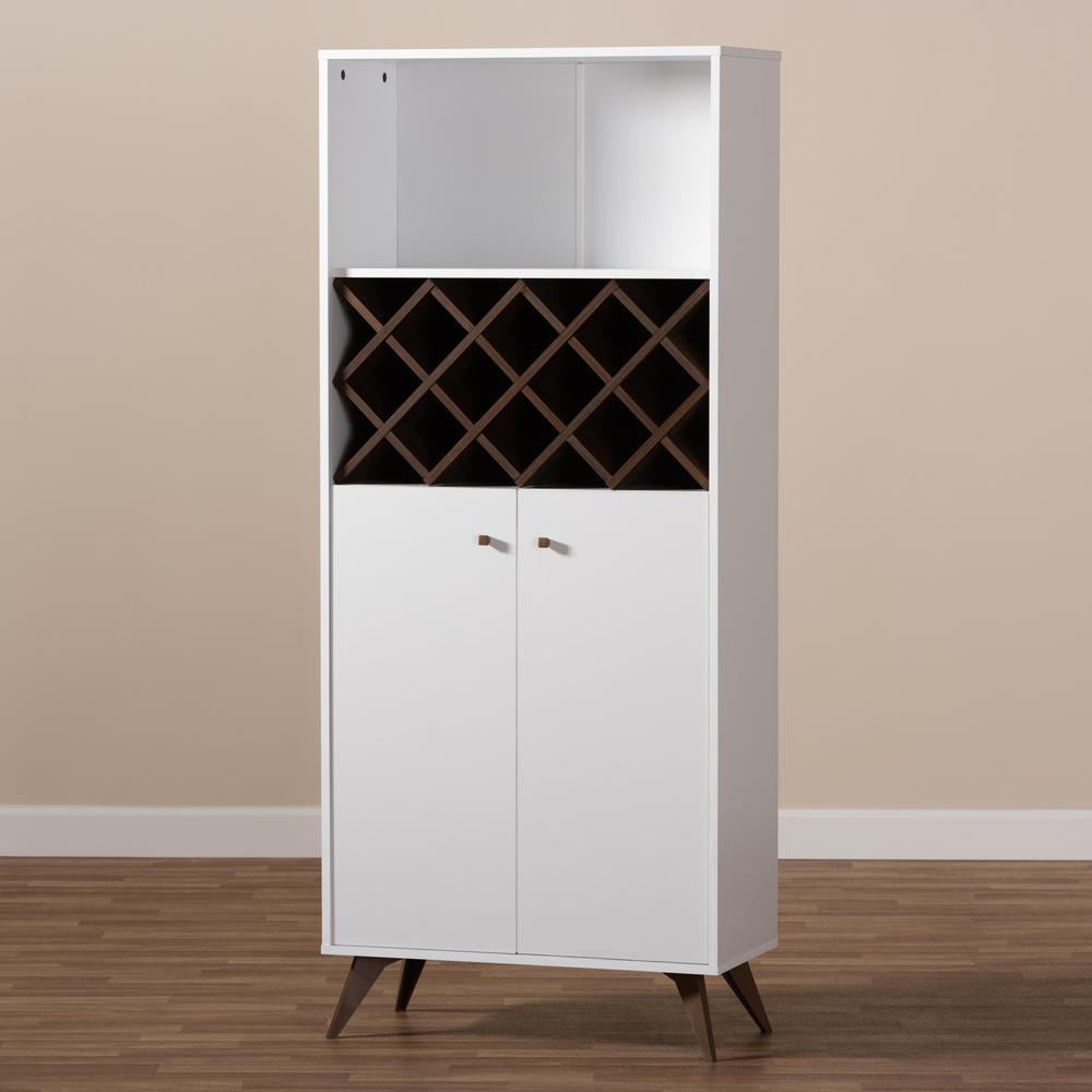 Serafino Mid-Century Modern White and Walnut Finished Wood Wine Cabinet. Picture 16