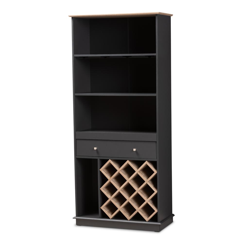 Mattia Modern and Contemporary Dark Grey and Oak Finished Wood Wine Cabinet. Picture 9