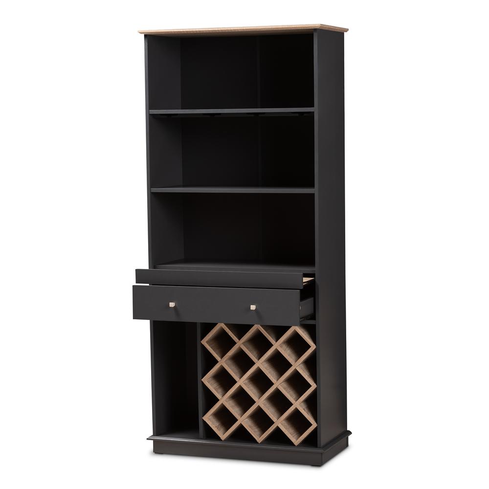 Mattia Modern and Contemporary Dark Grey and Oak Finished Wood Wine Cabinet. Picture 10