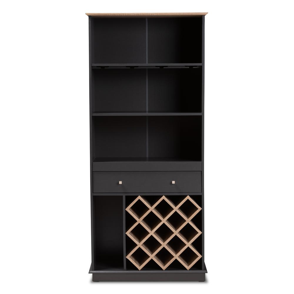 Mattia Modern and Contemporary Dark Grey and Oak Finished Wood Wine Cabinet. Picture 11