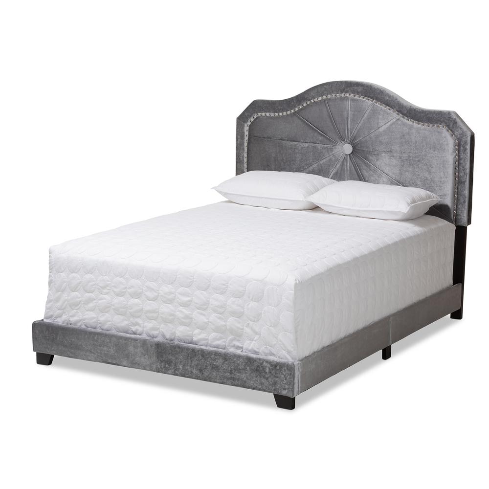 Embla Modern and Contemporary Grey Velvet Fabric Upholstered Full Size Bed. Picture 10