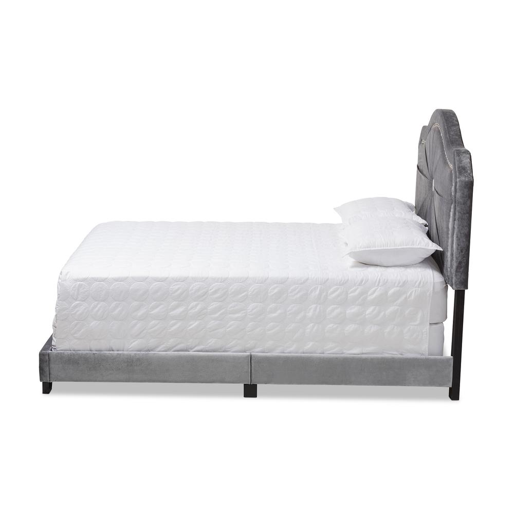 Embla Modern and Contemporary Grey Velvet Fabric Upholstered Full Size Bed. Picture 11