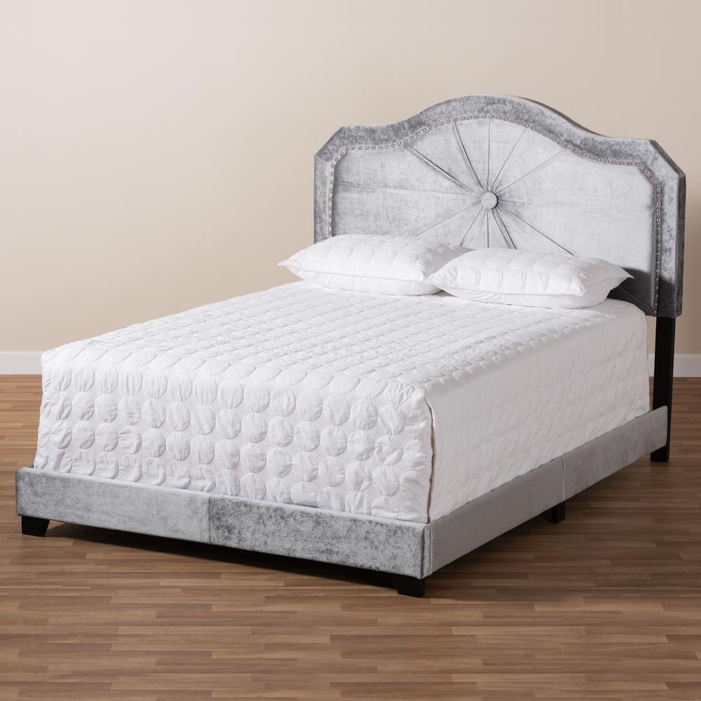 Embla Modern and Contemporary Grey Velvet Fabric Upholstered Full Size Bed. Picture 15
