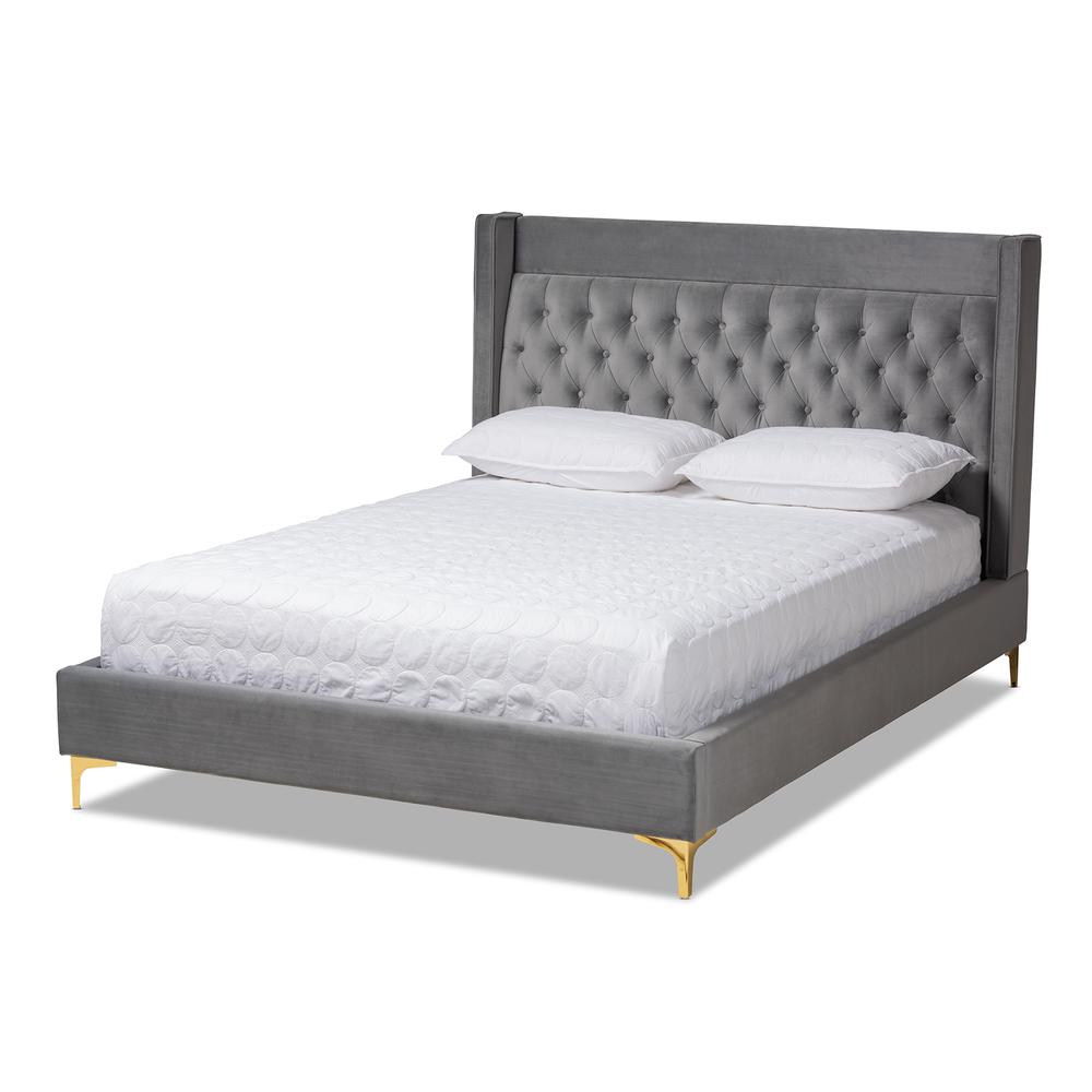 Baxton Studio Valery Modern and Contemporary Dark Gray Velvet Fabric Upholstered King Size Platform Bed with Gold-Finished Legs. Picture 2