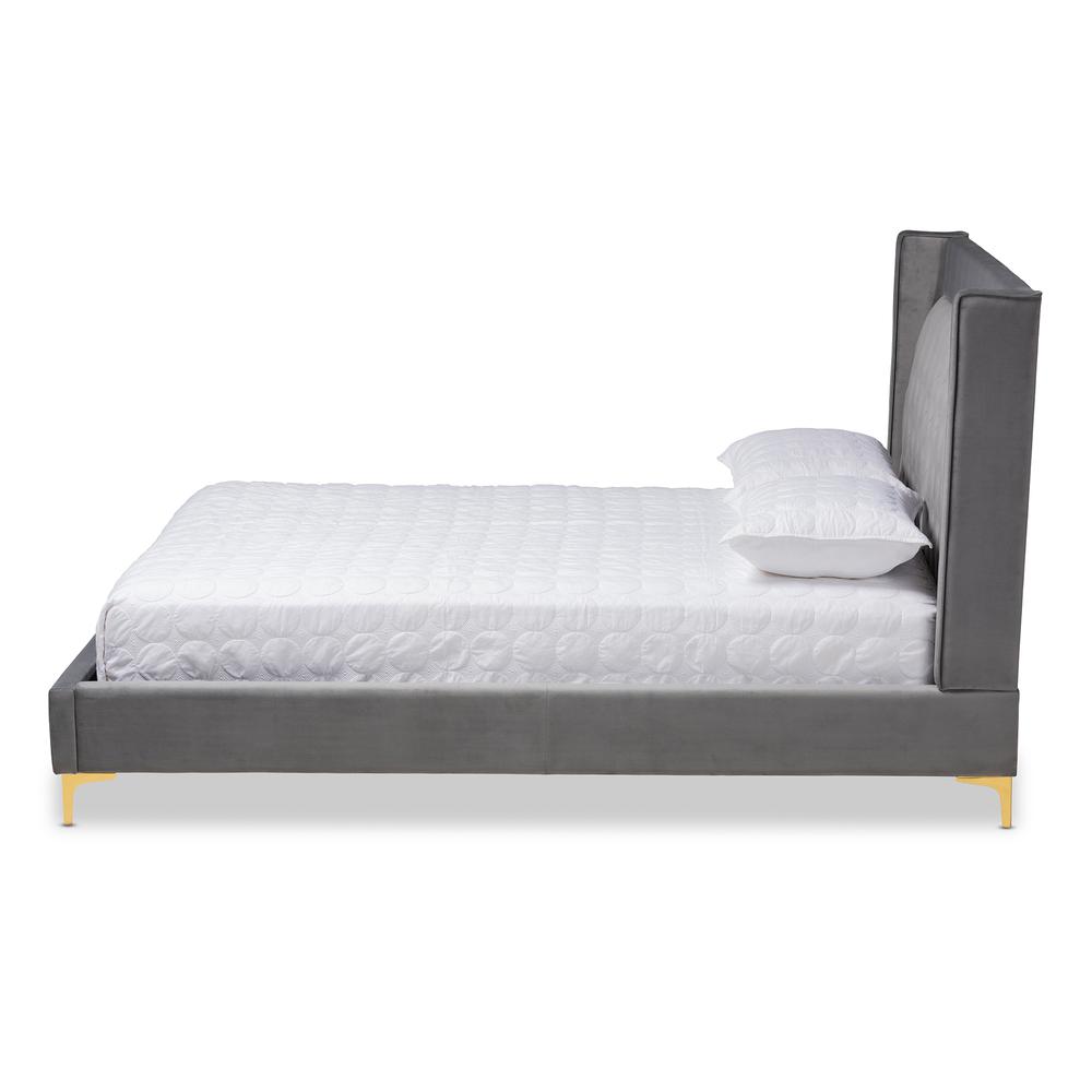 Baxton Studio Valery Modern and Contemporary Dark Gray Velvet Fabric Upholstered King Size Platform Bed with Gold-Finished Legs. Picture 3