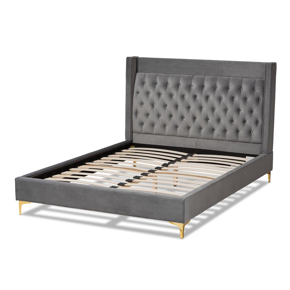 Baxton Studio Valery Modern and Contemporary Dark Gray Velvet Fabric Upholstered King Size Platform Bed with Gold-Finished Legs. Picture 4