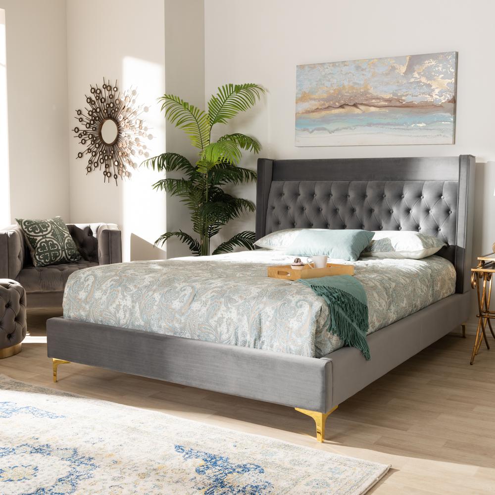 Baxton Studio Valery Modern and Contemporary Dark Gray Velvet Fabric Upholstered Queen Size Platform Bed with Gold-Finished Legs. Picture 7