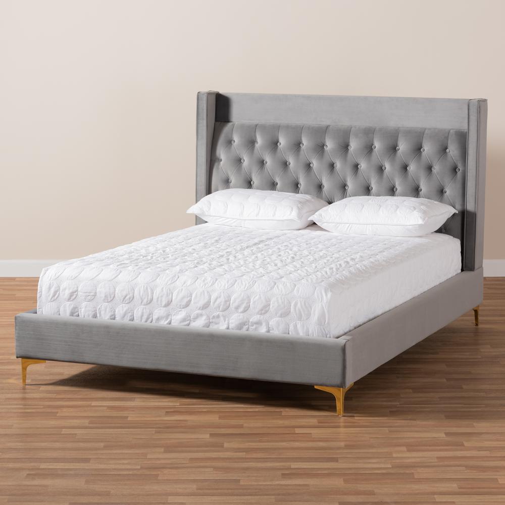 Baxton Studio Valery Modern and Contemporary Dark Gray Velvet Fabric Upholstered King Size Platform Bed with Gold-Finished Legs. Picture 8