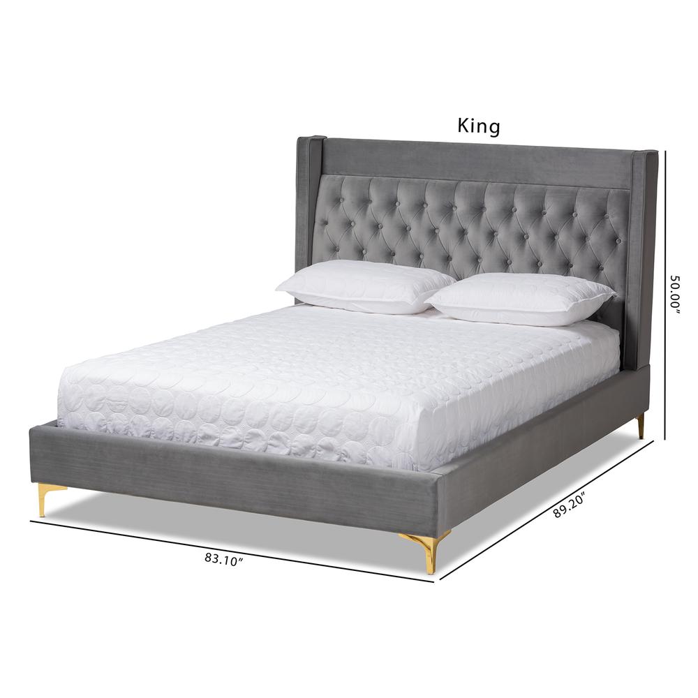Baxton Studio Valery Modern and Contemporary Dark Gray Velvet Fabric Upholstered King Size Platform Bed with Gold-Finished Legs. Picture 10