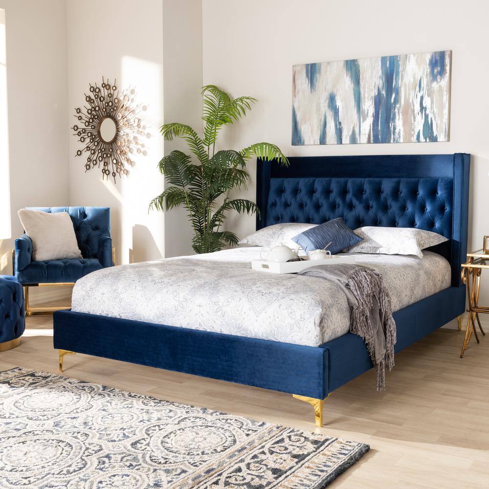 Baxton Studio Valery Modern and Contemporary Navy Blue Velvet Fabric Upholstered Queen Size Platform Bed with Gold-Finished Legs. Picture 7