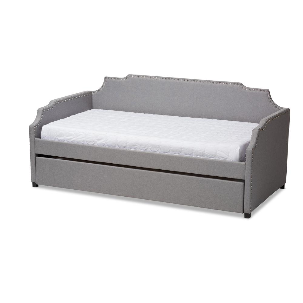 Grey Fabric Upholstered Twin Size Sofa Daybed with Roll Out Trundle Guest Bed. Picture 11